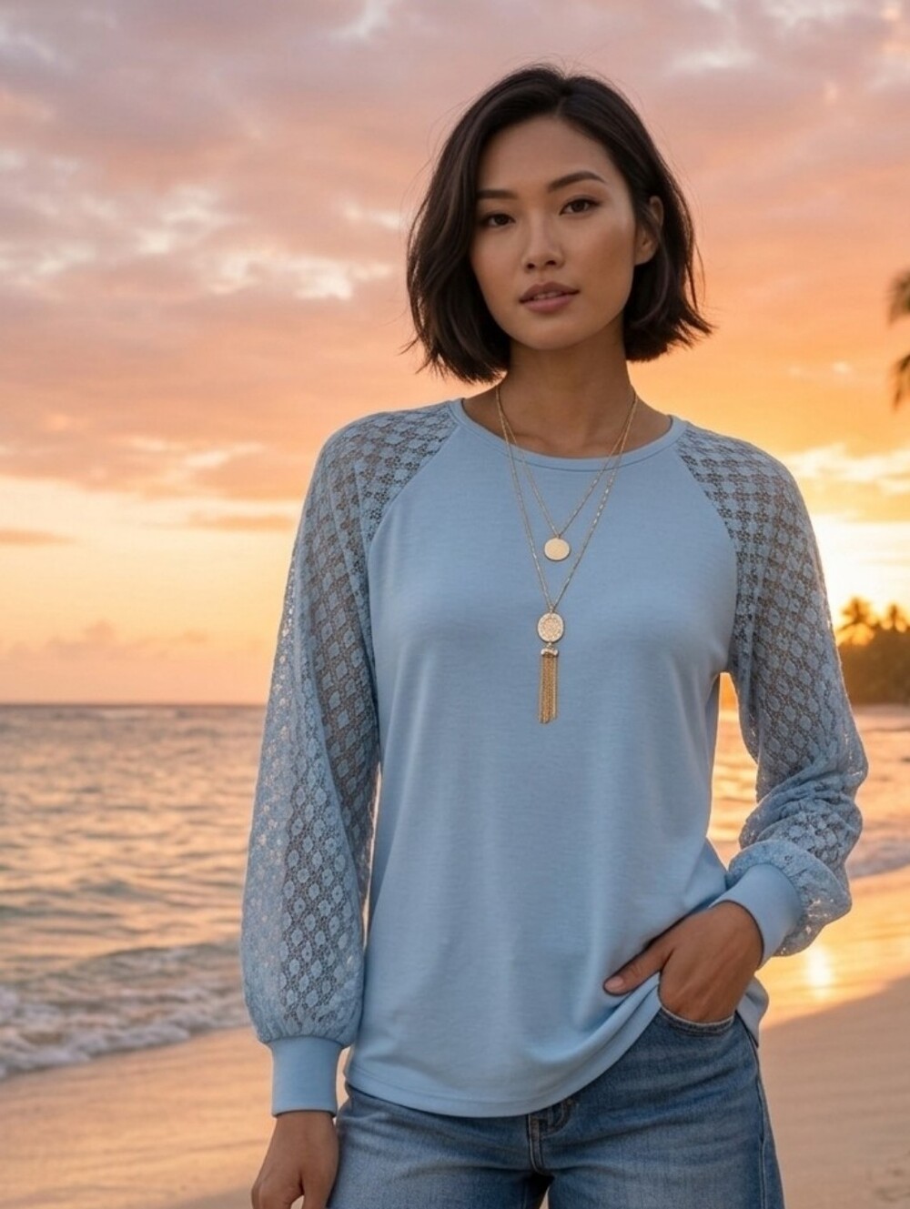 Apt. 9 Light Blue Lace Raglan Long Sleeve Tee